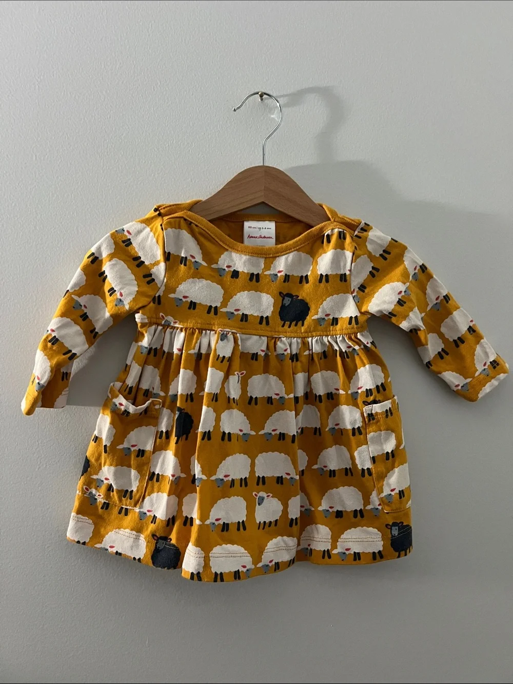 Hanna Andersson | Mustard Sheep Print Long-Sleeve Baby Dress Size 3-6 M